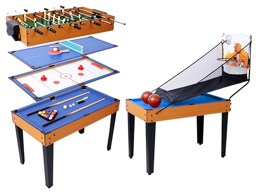 48” 6-in-1 Multi-Game Table - Billiards, Air Hockey, Foosball, Basketball, Table Tennis, and Dining Table Set for Home Game Room Friends Family, Kids, Adults-Brown