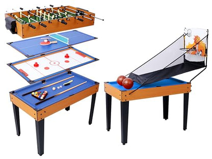 48” 6-in-1 Multi-Game Table - Billiards, Air Hockey, Foosball, Basketball, Table Tennis, and Dining Table Set for Home Game Room Friends Family, Kids, Adults-Brown