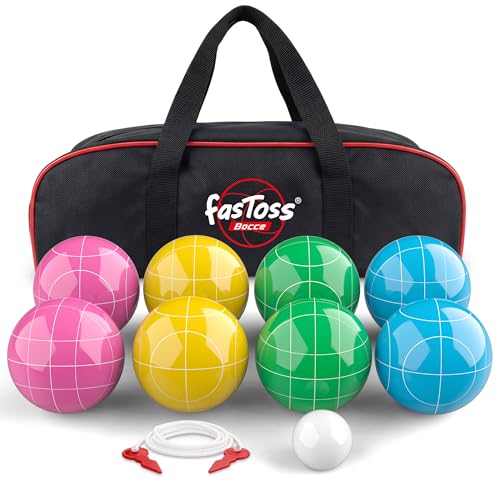 Bocce Ball Set for Backyard Lawn Beach Outdoor Games, Complete with 8 Solid Resin Bocci Balls, Pallino, Measuring Rope & Carry Bag, Multicolor for 2-8 Players (100mm)