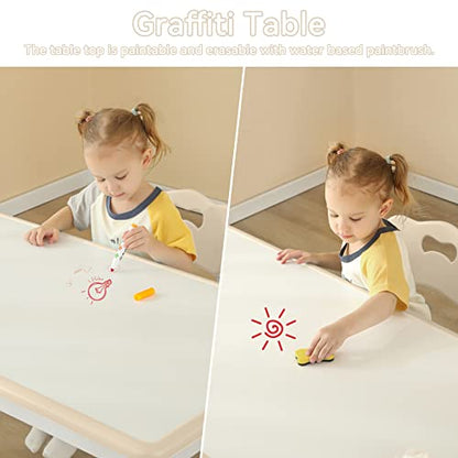 Kids Table and 4 Chairs Set with Graffiti Desktop,Toddler Furniture for Kids Ages 3-8,Children Study Desk, Dining Table, Height Adjustable Desk, Painting Desktop,Gift for Boys Girls (Burlywood) - color: Burlywood