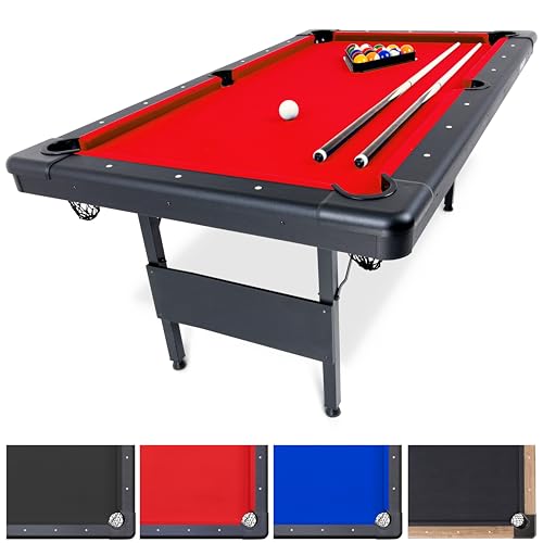 GoSports 6, 7, or 8 ft Billiards Tables - No Assembly, Choose Your Color - Portable Pool Table Includes Full Set of Balls, 2 Cue Sticks, Chalk and Felt Brush - style: 6ft Red