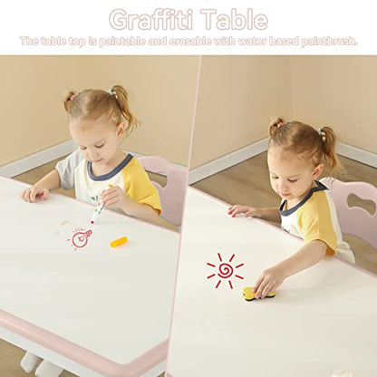 Kids Table and 4 Chairs Set with Graffiti Desktop,Toddler Furniture for Kids Ages 3-8,Children Study Desk, Dining Table, Height Adjustable Desk, Painting Desktop,Gift for Boys Girls (Pink) - color: Pink