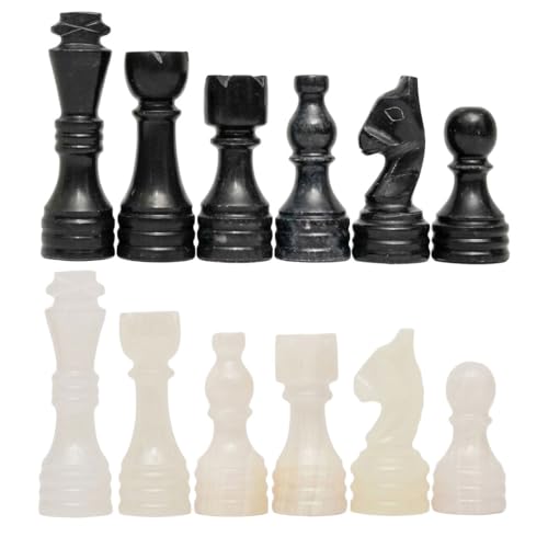 Handcrafted Premium Marble Chess Pieces Set – Elegant 32-Piece Replacement for 12-15 Inch Chess Boards Storage Box (Black and Onyx) - color: Black and Onyx
