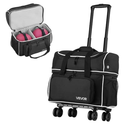 VEVOR Bowling Ball Bag, 2-Ball Bowling Bag with Wheels, Featuring a Separate Compartment for Shoes (Up to US Size 16) & Oversized Accessory Pocket, Retractable Handle Extends to 41.32 in