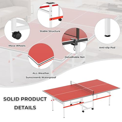Foldable Ping Pong Table for Indoor/Outdoor, 8X4FT Mid-Size Table Tennis Table with Net, 2 Table Tennis Paddles and 3 Balls - Easy Assembly - Tournament Quality - Perfect for Family Game Rooms