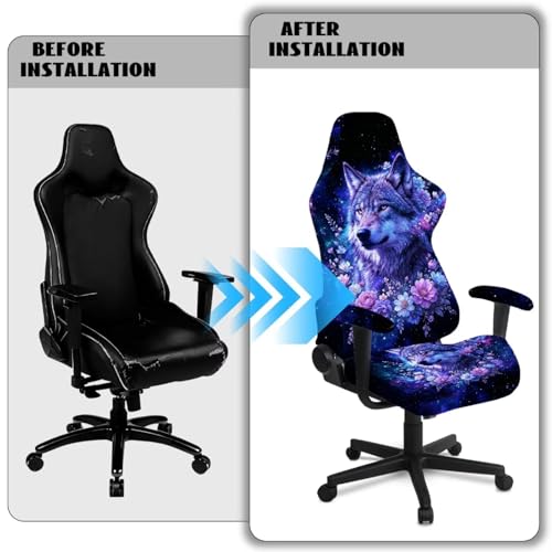 4 Piece Gaming Chair Cover with Armrest Covers Wolf Floral Printed Non-Slip Computer & Gaming Chair Slipcover Easy to Install Universal Fit Office Desk & Racing Computer Gamer Chairs - color: Black and Blue - Wolf Floral