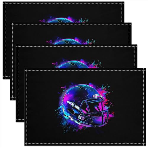 American Football Kids Placemats Set of 4,Rugby Helmet Player Ball Sport Game Table Place Mats,Tie-dye Graffiti Hip-hop Fashion Kitchen Decor,Blue Black Placemat Kitchen Table Decoration 12"x18" - color: Blue Black