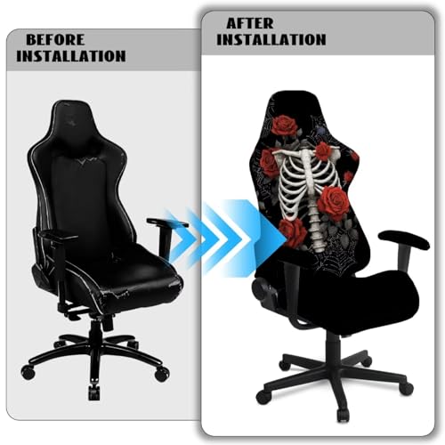Skeleton Rose Print Gaming Chair Covers Slipcovers Spider Web Print Gamer Desk Chair Cover with 2 Armrest Covers Fits Most Office/PC Chairs & Racing Style Seats, Home Decor - color: Black - Skeleton Rose Spider Web