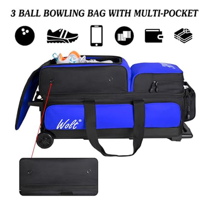 WOLT 3 Ball Bowling Bags with Wheels,Bowling Ball Bag 3 Ball Roller with Separate Shoe Compartment and Accessory Pocket, Retractable Handle Extends to 38’’ - color: blue