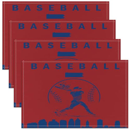 Erosebridal Baseball Placemats Set 4 Piece Softball Place Mat Sports Games Placement Mats Athlete City Silhouette Table Mats for Dining Table Setting, Navy Blue and Red - color: Navy Blue and Red