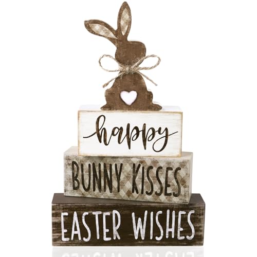 DIYDEC 4Pcs Easter Tabletop Decorations Bunny Wooden Block Signs Gift Rustic Tiered Tray Decor Happy Easter Centerpiece Farmhouse Wood Rabbit Table Sign for Kitchen Home Office Party Decor - style: Bunny