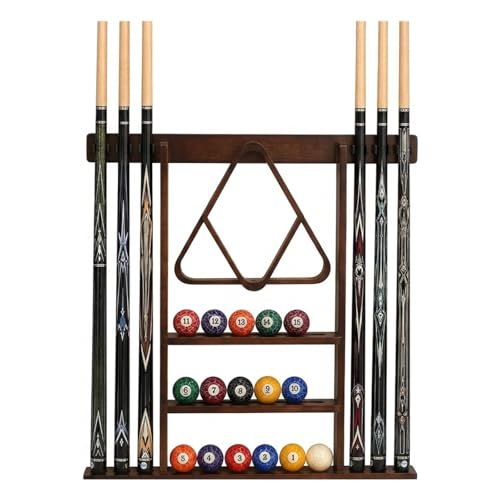 SUPERDIAMOND 6 Holes Wall Mounted Pool Cue Rack, Wood Billiard Stick Holder Holds 6 Cues for Pool Table Accessories, Heavy-Duty Billiards Storage Rack Stand Display for Game Room,Brown - size: 6 Cues, style: SU-wa6-Cue Racks-brown