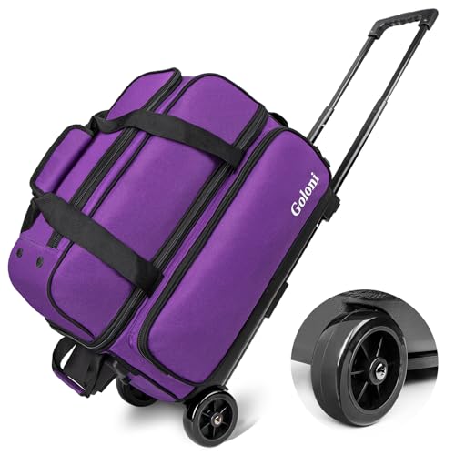 Goloni Double Roller 2 Ball Bowling Bag with Separate Shoe Compartment,2 Ball Bowling Bag with Wheels,Retractable Handle Extends to 40" - color: Purple