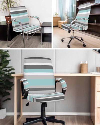 Geometric Stripes Office Chair Cover with Armrest Covers, Grey Turquoise Universal Stretch Desk Rotating Chair Slipcovers, Removable Seat Protector with Zipper, M - color: Blue, size: Medium & 2PCS Armrest Covers