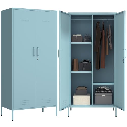 Industrial 67" Blue Lockable Metal 2-Door Storage Cabinet, Multi-Purpose Wardrobe with Hanging Rod & Adjustable Shelves, Heavy Duty for Bedroom, Garage, Home Office 67" H X 31.5" W X 18.1" D - color: Ocean, style: Wardrobe-67"H-JS
