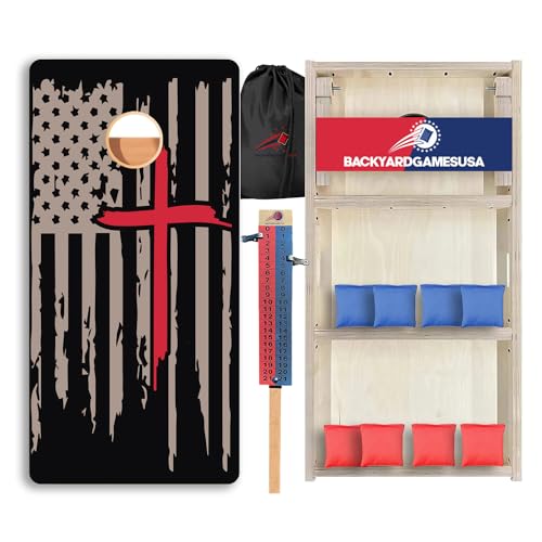 CornholeGamesUSA Pro Cornhole Boards Set | Made in USA | 3/4 Baltic Birch | No Bounce | Triple Thick Legs | Two Brace & Handles, Tournament 2x4 Regulation Set with Score Tower & Cornhole Bags - color: Red Cross Flag