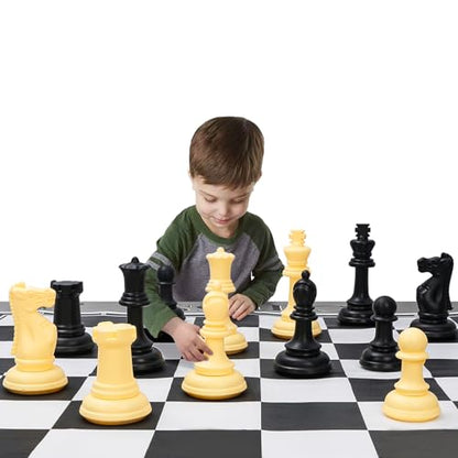 ELONGDI Giant Outdoor Chess Set Oversized Plastic Chess Pieces with Bases Lightweight 71" Chess Mat Floor Games for Kids and Adults - 9.8 Inches Tall King & Storage Bins with Lids