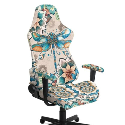 Dragonfly Print Gaming Chair Covers with Armrest Covers Boho Flower Print Computer & Gaming Chair Slipcover Universal Fit Office Desk & Racing Computer Gamer Chairs - color: Brown and Green - Dragonfly Boho Flower