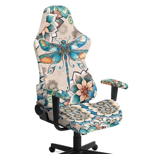 Dragonfly Print Gaming Chair Covers with Armrest Covers Boho Flower Print Computer & Gaming Chair Slipcover Universal Fit Office Desk & Racing Computer Gamer Chairs - color: Brown and Green - Dragonfly Boho Flower