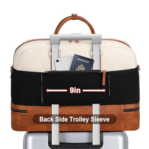 Weekender Bag for Women, Large Overnight Bag Canvas Travel Duffel Bag Carry On Tote with Shoe Compartment 21" 3Pcs Set - color: A11-brown+beige+black