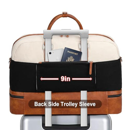 Weekender Bag for Women, Large Overnight Bag Canvas Travel Duffel Bag Carry On Tote with Shoe Compartment 21" 3Pcs Set - color: A11-brown+beige+black
