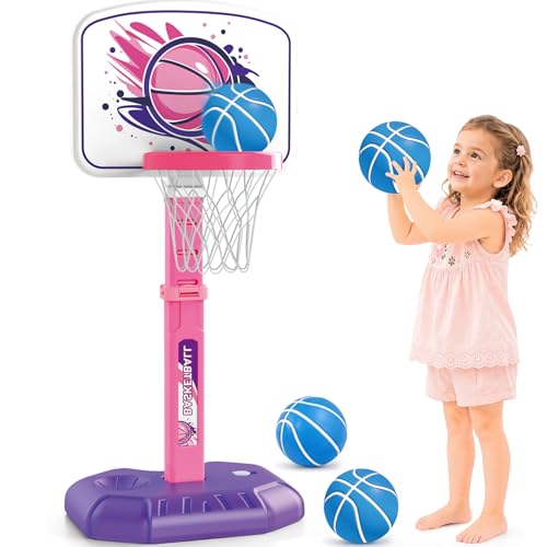 YESHIN Toddler Basketball Hoop Adjustable Height 30-55 Inch with 4 Balls, Large Stable Water-Fill Base, Indoor Outdoor Poolside Kids Basketball Goal for Boys Girls Ages 1-8 Birthday Gift -Pink - color: Pink