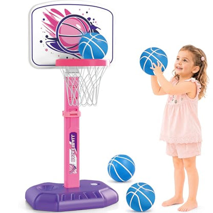 YESHIN Toddler Basketball Hoop Adjustable Height 30-55 Inch with 4 Balls, Large Stable Water-Fill Base, Indoor Outdoor Poolside Kids Basketball Goal for Boys Girls Ages 1-8 Birthday Gift -Pink - color: Pink