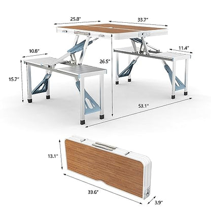 VINGLI 4 Ft Camping Picnic Table Set with 4 Seats with Umbrella Hole Folding Lightweight Suitcase Card Table-220 Lbs Support Aluminum Frame, Plastic RV Tabletop for Barbecue,Travel,Outing,Gathering - color: Natural