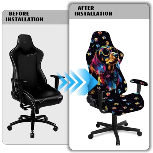 Dachshund Dog Print Computer & Gaming Chair Slipcover Dog Paw Print Gaming Chair Covers Slipcovers 4Pcs with Armrest Cover Universal Fit Office Desk & Racing Computer Gamer Chairs - color: Black - Dachshund Dog Dog Paw
