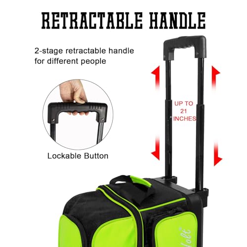 WOLT Double Roller 2 Ball Bowling Bag with Separate Shoe Compartment, Large Capacity Bowling Ball Bag with Accessory Pocket, Retractable Handle Extends to 40" - color: LemonGreen