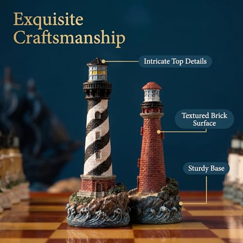 Lighthouse Themed Collectible Chess Set with Wooden Storage Board, Complete 32 Piece Hand Painted Resin Lighthouse Chess Pieces, Nautical Coastal Decor Chess Board Game Set for Adults Gift