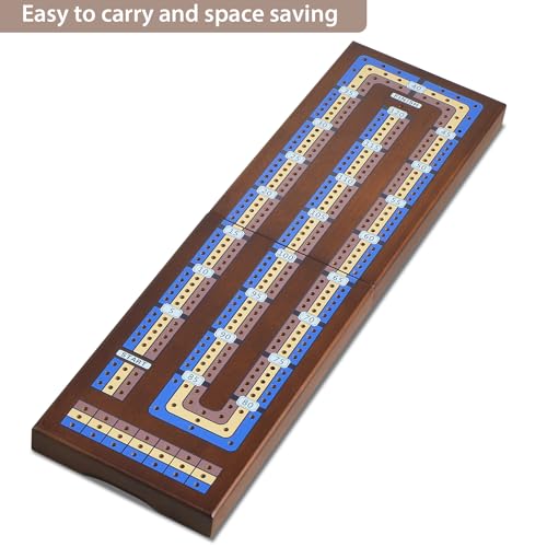 ELONGDI Foldable Wooden Cribbage Board Game Set, Portable Travel 3 Track Cribbage Board with Magnetic Closure,9 Metal Pegs,A Deck of Cards - Family Board Games for Kids and Adults