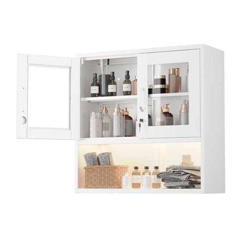 VINGLI Metal Wall Cabinet with Locking Glass Doors & Magnetic LED Sensor Light, Adjustable Shelf, Wall Mounted Storage Display Cabinets for Garage, Kitchen, Home Office, Warehouse, Living Room, White - color: White, size: Glass Door Wall Cabinet (Magnetic