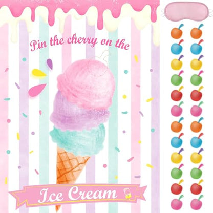 WERNNSAI Pin The Cherry on The Ice Cream Game -Birthday Party Games Ice Cream Party Decorations 28'' x 21'' Poster with 24 PCS Cherry Stickers for Kids Girls Birthday Carnival Supplies - style: Ice Cream