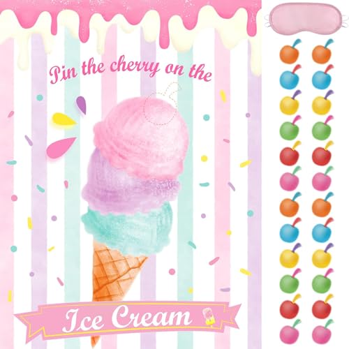 WERNNSAI Pin The Cherry on The Ice Cream Game -Birthday Party Games Ice Cream Party Decorations 28'' x 21'' Poster with 24 PCS Cherry Stickers for Kids Girls Birthday Carnival Supplies - style: Ice Cream