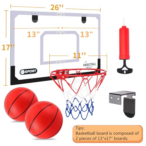 Upgrade Basketball Hoop Set - Extra Large 26" x 17" Pro Indoor Basketball Hoop for Door & Wall with 2 Balls, Complete Accessories, Basketball Toy Gift Perfect for Boys Girls Teens Adults - style: 26"x17" Basketball board