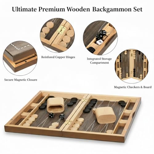 Plusvivo 13" Wooden Backgammon Set - Premium Beech Wood Foldable Board Game for Adults and Kids - Portable Strategy Game with 30 Magnetic Pieces and 2 Wooden Dice Shakers