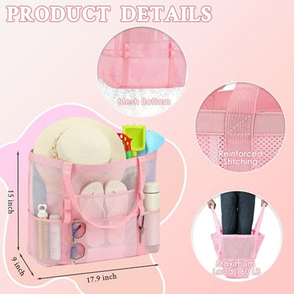 GYEUKHAM Mesh Beach Bag for Women, Sand-Resistant Pool Tote, 9 Pockets (1 Inner Zip), Foldable Family Travel Essentials - color: L-pink