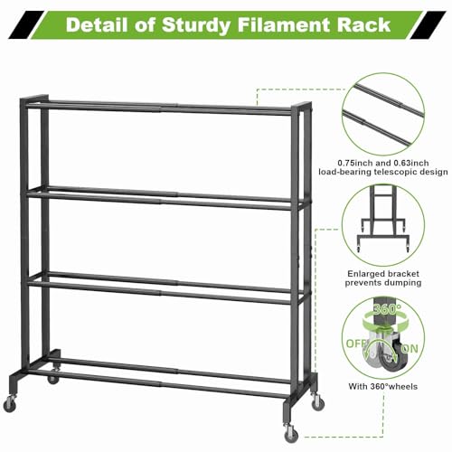 3D Printer Filament Storage Rack Stand, Rolling Filament Spool Holder Cart with Wheels, 4 Tier Expandable Heavy Duty Metal Shelf for 3D Printing Studio Workshop,1pcs Stand Only