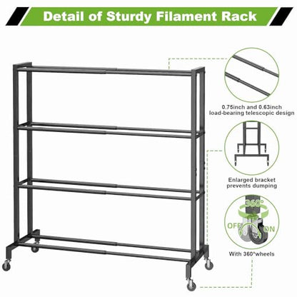 3D Printer Filament Storage Rack Stand, Rolling Filament Spool Holder Cart with Wheels, 4 Tier Expandable Heavy Duty Metal Shelf for 3D Printing Studio Workshop,1pcs Stand Only