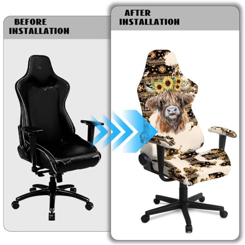 Highland Cattle Print Gaming Chair Covers Slipcovers Aztec Sunflower Print Game Chair Cover with Armrest Covers Skin Friendly Breathable - color: Brown - Highland Cattle Aztec Sunflower