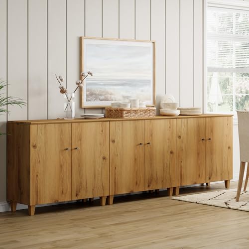 Wampat Sideboards Buffet Cabinet, 106" Wide Wooden Credenza with 6 Doors, 3-in-1 Modern Kitchen Coffee Bar Cabinet with 9 Compartments for Living Room, Hallway, Oak Brown - color: Oak Brown, size: 106" W