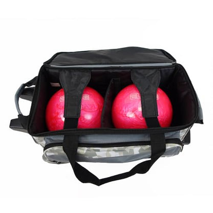 ELITE Deluxe 2 Ball Bowling Bag with 5" Smooth Wheels - Large Accessory Pocket, Shoe Compartment, 36" Extendable Handle - color: Grey Camo