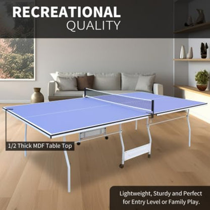 9ft Medium Table Tennis Table, Foldable Table Tennis Table, Standard Size, with Spinning Wheels, Foldable Portable Table Tennis Table Set for Indoor Games, with 2 Table Tennis Paddles and 3 Balls