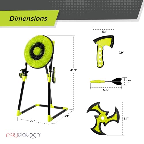 Play Platoon Kids Axe Throwing Game for Backyard, Ax Throwing Game Set for Adults and Kids - 3 Plastic Toy Hatchets, Ninja Stars, and Darts, Bristle Dart Board Indoor Outdoor Fun