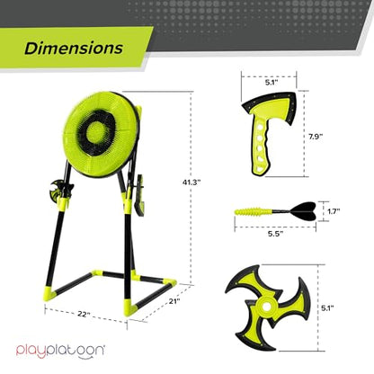 Play Platoon Kids Axe Throwing Game for Backyard, Ax Throwing Game Set for Adults and Kids - 3 Plastic Toy Hatchets, Ninja Stars, and Darts, Bristle Dart Board Indoor Outdoor Fun