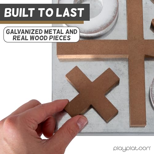 Play Platoon Magnetic Tic Tac Toe Game - Large Metal and Wooden Wall Mounted Board Games - 13.5 Inch Table Top or Wall Mounted Farmhouse Rustic for Game Room - Barnwood - color: Barnwood & Rustic White