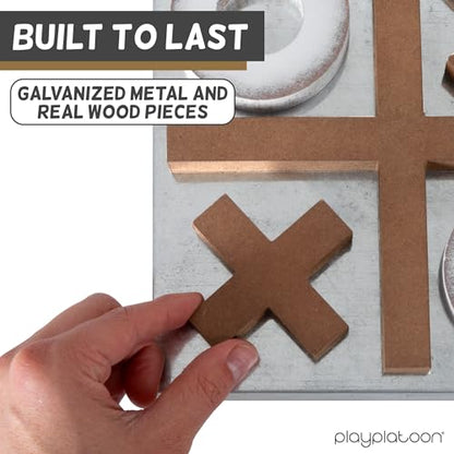 Play Platoon Magnetic Tic Tac Toe Game - Large Metal and Wooden Wall Mounted Board Games - 13.5 Inch Table Top or Wall Mounted Farmhouse Rustic for Game Room - Barnwood - color: Barnwood & Rustic White