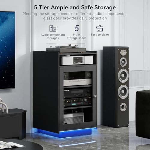 ELECWISH Media Cabinet with Tempered Glass Door, 5-Tier Stereo Cabinet with Adjustable Shelf, Media Stand with LED Light, AV Rack with Cable Management