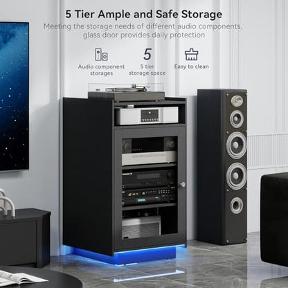 ELECWISH Media Cabinet with Tempered Glass Door, 5-Tier Stereo Cabinet with Adjustable Shelf, Media Stand with LED Light, AV Rack with Cable Management